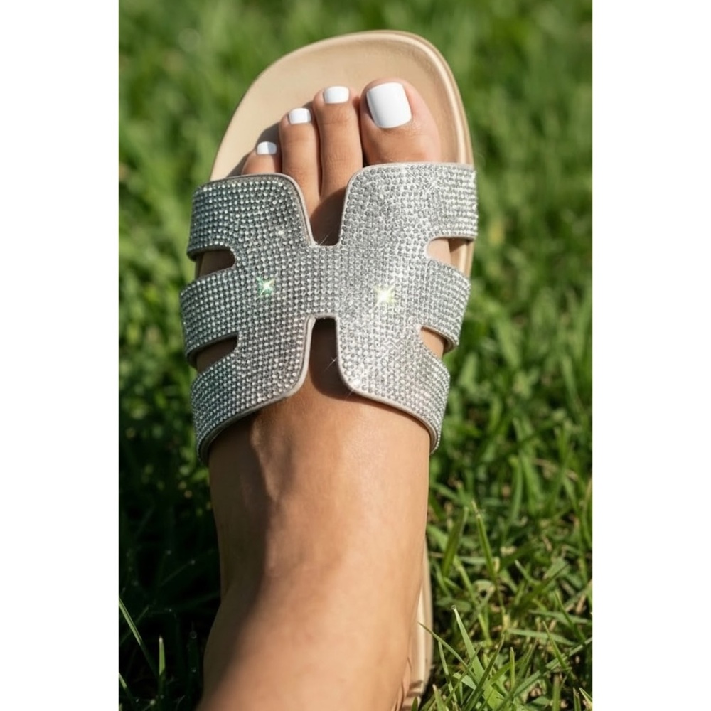 Qupid Rhinestone Slide Sandals | Sparkly Slip On Flat Shoes - Picture 6 of 6